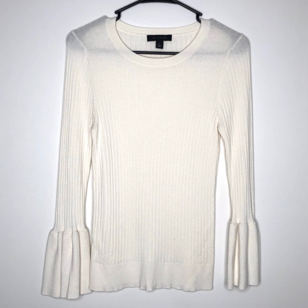 Ann Taylor Natural White Ruffle Sleeve Sweater Top
